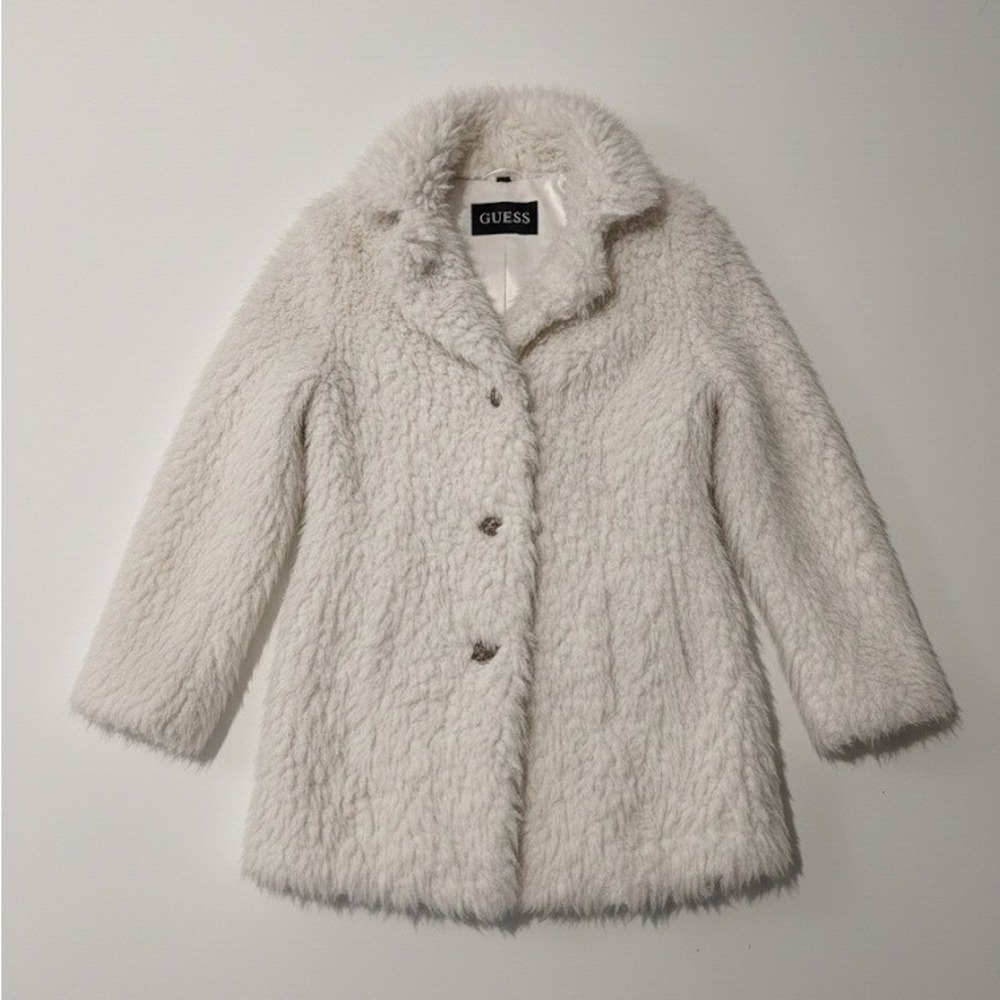 GUESS Fuzzy Sherpa Teddy Coat Cream‎ White Button Front Winter Casual Women